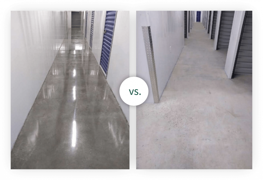 a reflectively shiny floor after, beside a dull concrete hallway before