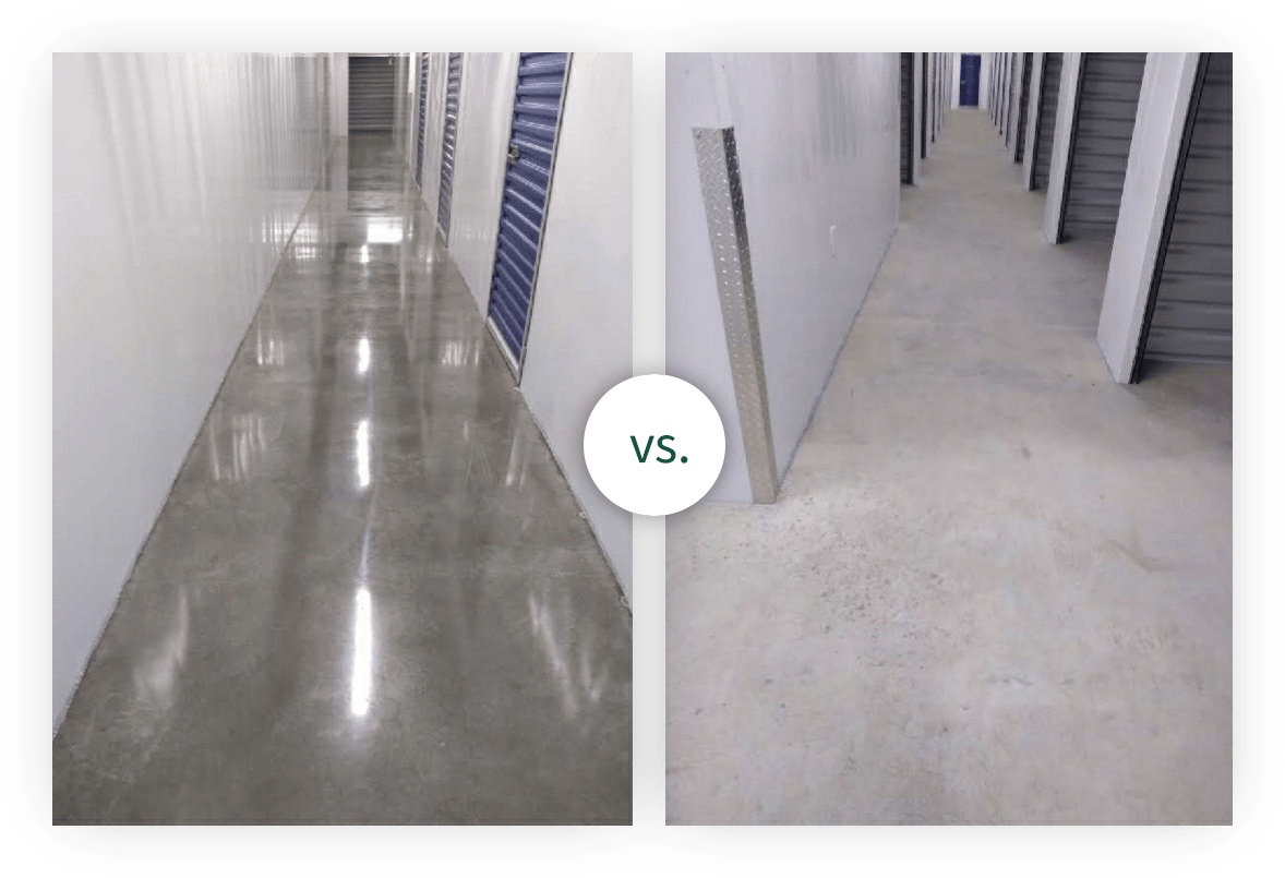 a reflectively shiny floor after, beside a dull concrete hallway before